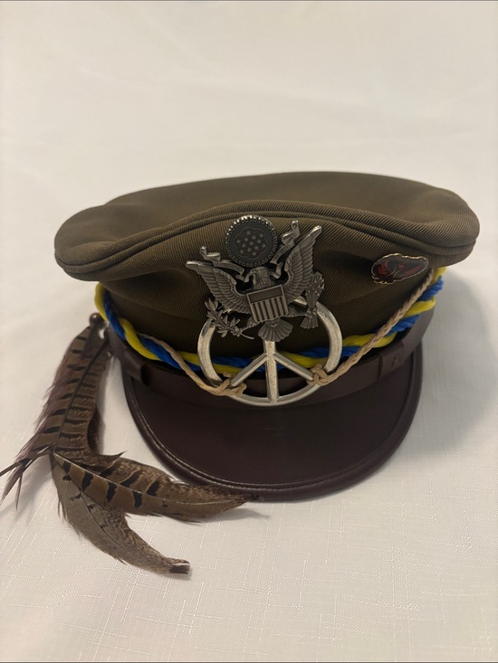 Accessories - Burning Man custom Military Style Olive Green Peaked Cap w/Braided Trim Peace